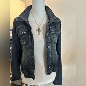 Vintage Blue Steel Denim Jacket with Stud Accents - Size P